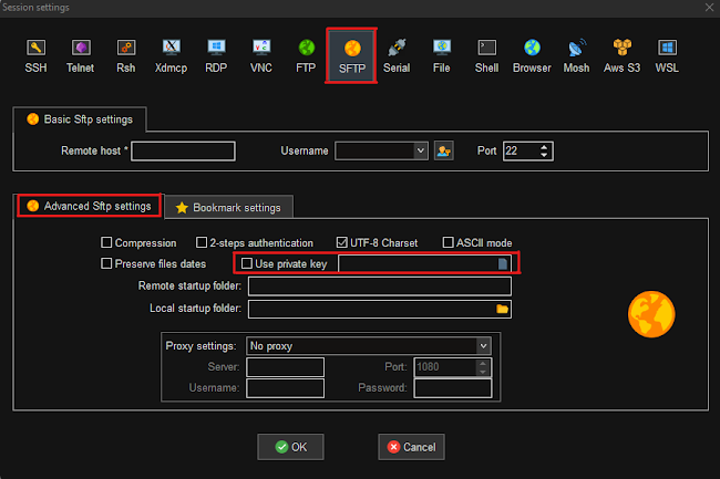 Screenshot von der SFTP Konfiguration in MobaXtern