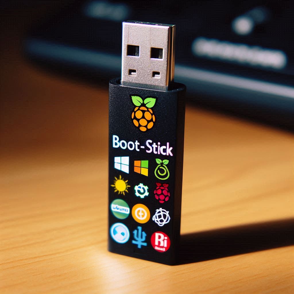 Ein USB-Stick auf dem mehrere Logos von Betriebssystemen zu sehen sind